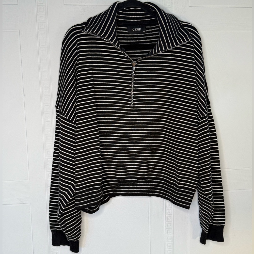 Cider  Black & White Striped Sweater Cropped Collar 1/4 Zip Size 2XL  Plus Women